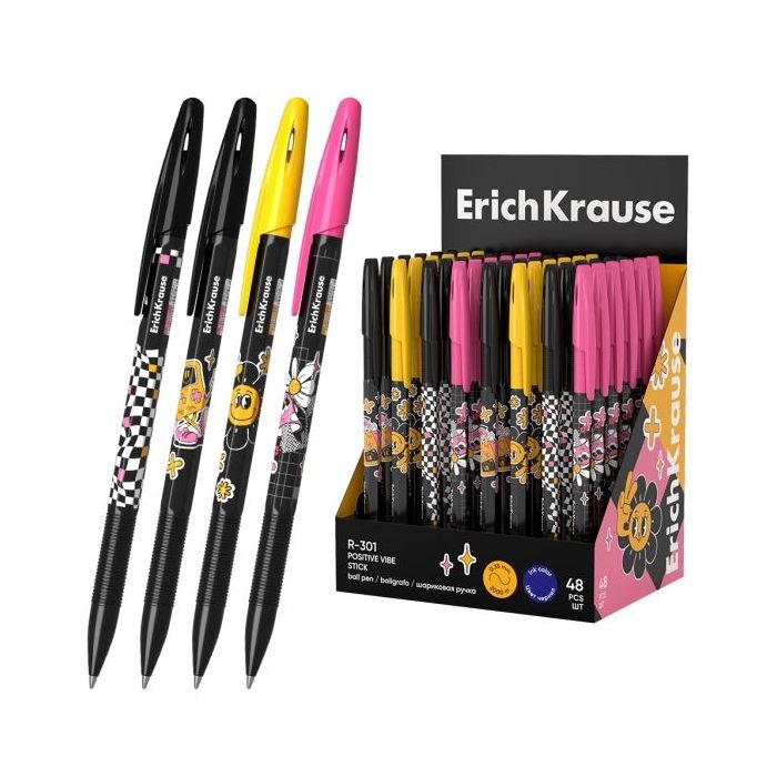 ErichKrause R-301 Stick Positive Vibe Expositor con 48 Boligrafos con Capuchon - Modelos Surtidos - Trazo 0.35mm - Tinta de Seca