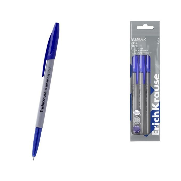 ErichKrause Slender Stick Grey Pack de 4 Boligrafos con Capuchon - Punta de Aguja 0.7mm - Cuerpo Opaco Gris - Trazo 0.26mm - Tin