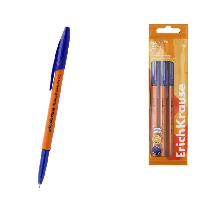 ErichKrause Slender Stick Orange Pack de 4 Boligrafos con Capuchon - Punta de Aguja 0.7mm - Cuerpo Opaco Naranja - Trazo 0.26mm