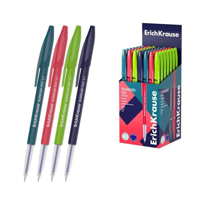 ErichKrause Slender Stick Reef Boligrafo con Capuchon - Modelos Surtidos - Trazo 0.26mm - Tinta de Baja Viscosidad - Tapa Ventil