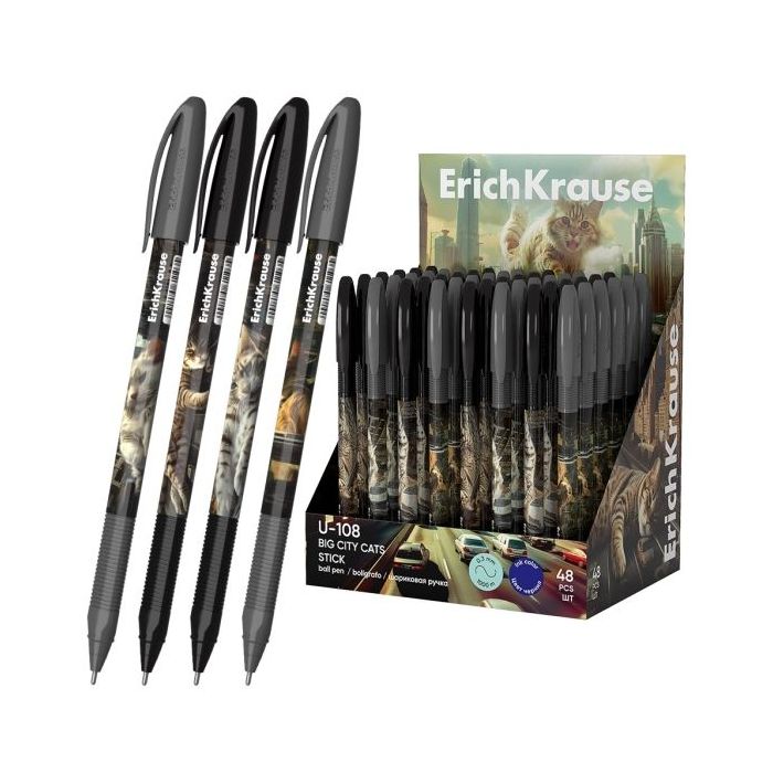 ErichKrause U-108 Stick Big City Cats Expositor con 48 Boligrafos con Capuchon - Modelos Surtidos - Trazo 0.3mm - Tinta de Baja