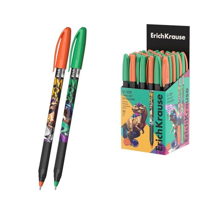 ErichKrause U-109 Stick and Grip Dino Art Boligrafo con Capuchon - Modelos Surtidos - Trazo 0.3mm - Zona de Agarre de Goma - Tin