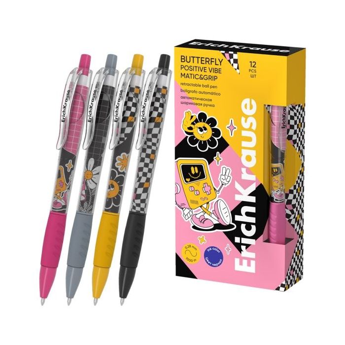 ErichKrause Butterfly Matic and Grip Positive Vibe Boligrafo Retractil - Modelos Surtidos - Trazo 0.28mm - Zona de Agarre de Gom