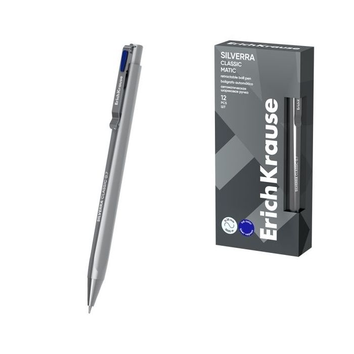 ErichKrause Silverra Matic Classic Boligrafo Retractil - Punta de 0.7mm - Cuerpo Gris - Trazo 0.35mm - Color Azul