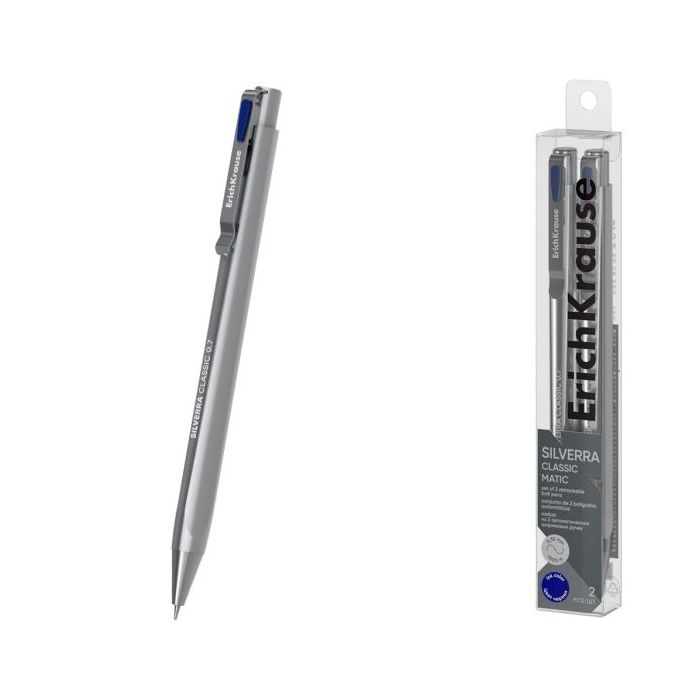 ErichKrause Silverra Matic Classic Pack de 2 Boligrafos Retractiles - Punta de 0.7mm - Cuerpo Gris - Trazo 0.35mm - Color Azul