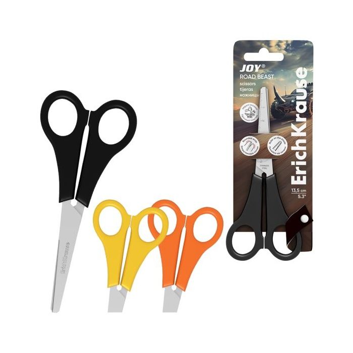 ErichKrause JOY Road Beast Tijeras de 13.5cm - Puntas Redondeadas - Regla de 5cm en la Hoja - Mangos de Plastico Resistente a Go