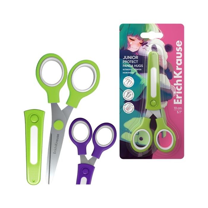 ErichKrause Junior Protect Panda Hugs Tijeras de 13cm - Puntas Redondeadas - Funda Protectora - Mangos de Plastico Resistente a