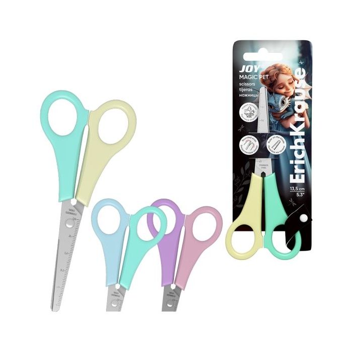 ErichKrause JOY Magic Pet Tijeras de 13.5cm - Puntas Redondeadas - Regla de 5cm en la Hoja - Mangos de Plastico Resistente a Gol