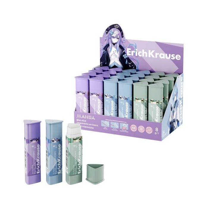 ErichKrause Prism Manga Expositor con 24 Pegamentos en Barra - 8g - Adhesion Fuerte - Multisuperficie - Color Blanco
