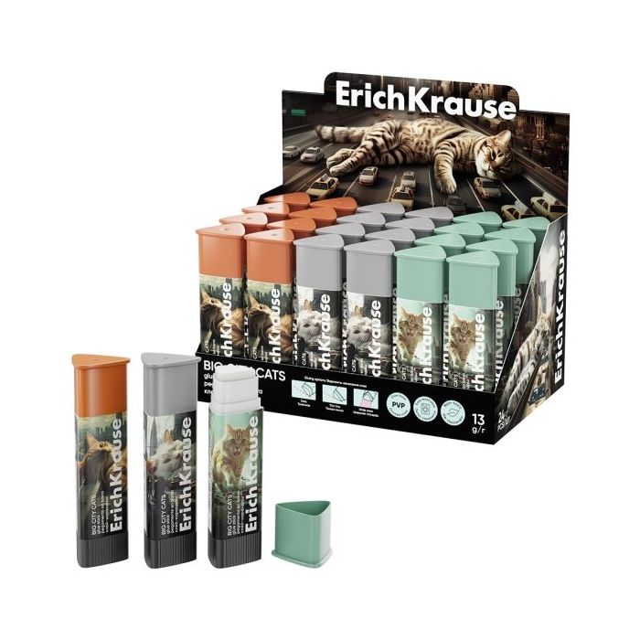 ErichKrause Prism Big City Cats Expositor con 24 Pegamentos en Barra - 13g - Adhesion Fuerte - Secado Rapido - Multisuperficie -
