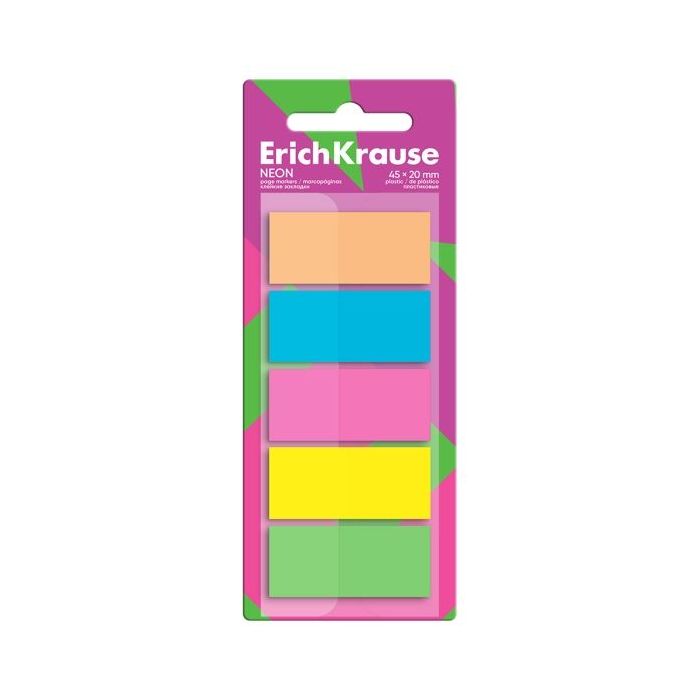 ErichKrause Neon Pack de 5 Blocs de 20 Marcadores de Pagina - Reposicionables - Plastico - 20x45mm - Colores Surtidos