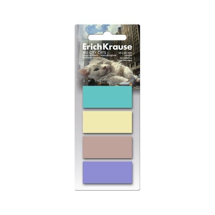 ErichKrause Big City Cats Pack de 4 Blocs de 20 Marcadores de Pagina - Reposicionables - Plastico - 20x45mm - Colores Surtidos