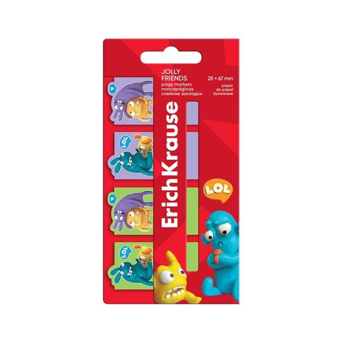 ErichKrause Jolly Friends Pack de 4 Blocs de 20 Marcadores de Pagina - Reposicionables - Papel de 75g/m2 - 25X67mm - Colores Sur