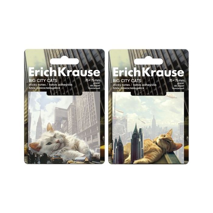 ErichKrause Big City Cats Bloc de 50 Notas Adhesivas Reposicionables - Papel de 75g/m2 - 75x75mm - Pegamento a Base de Agua - Co