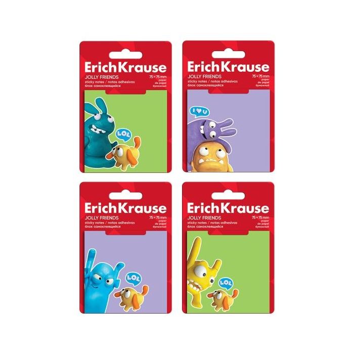 ErichKrause Jolly Friends Bloc de 50 Notas Adhesivas Reposicionables - Papel de 75g/m2 - 75x75mm - Pegamento a Base de Agua - Co