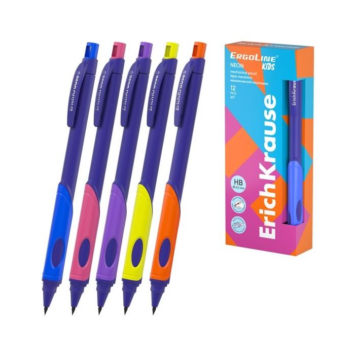 ErichKrause ErgoLine Kids Neon Portaminas - Mina HB de 2.0mm - Sacapuntas Integrado - Ergonomico - Colores Surtidos