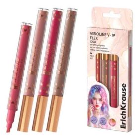 ErichKrause Visioline V-19 Flex Idol Pack de 4 Marcadores Fluorescentes - Punta Biselada - Trazo de 0.6 a 3.5mm - Colores Surtid