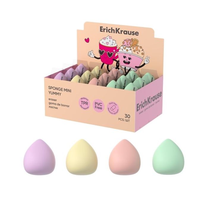 ErichKrause Sponge Mini Yummy Expositor con 30 Gomas de Borrar - Caucho Termoplastico - No Deja Residuos - No Rasga el Papel - L