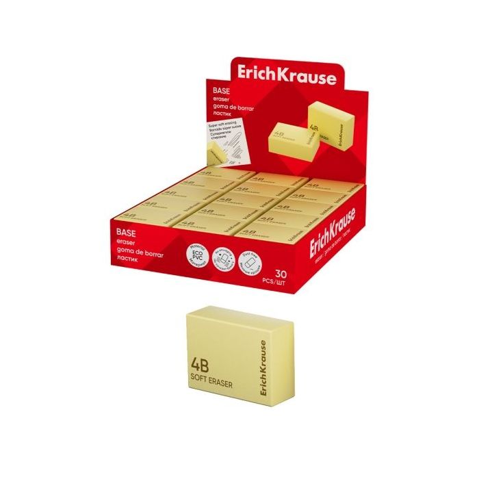 ErichKrause Base Expositor con 30 Gomas de Borrar - PVC Ecologico - Borrado Suave - No Deja Residuos - No Rasga el Papel - Color