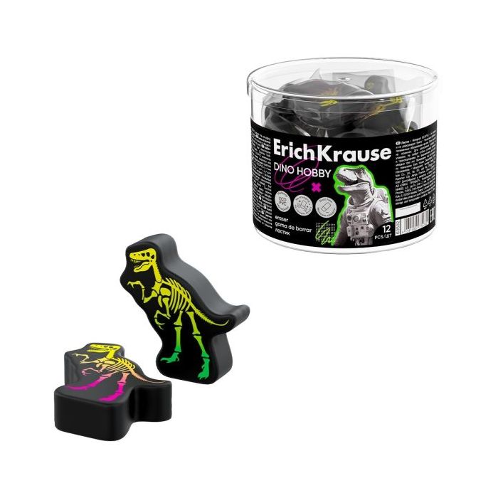 ErichKrause Dino Hobby Goma de Borrar - PVC Ecologico - No Deja Residuos - No Rasga el Papel - Colores Surtidos
