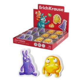 ErichKrause Jolly Friends Expositor con 24 Gomas de Borrar - Caucho Termoplastico - No Deja Residuos - Libre de PVC - Color Vari