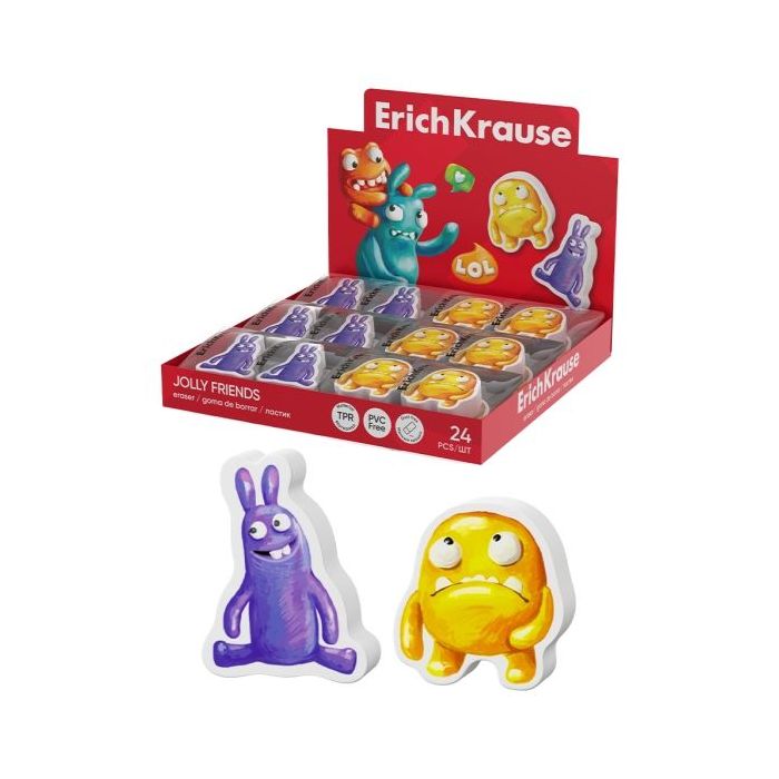 ErichKrause Jolly Friends Expositor con 24 Gomas de Borrar - Caucho Termoplastico - No Deja Residuos - Libre de PVC - Color Vari