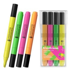 ErichKrause Visioline V-17 light Neon Pack de 4 Marcadores Fluorescentes - Punta Biselada - Trazo de 0.6 a 3.0mm - Colores Surti