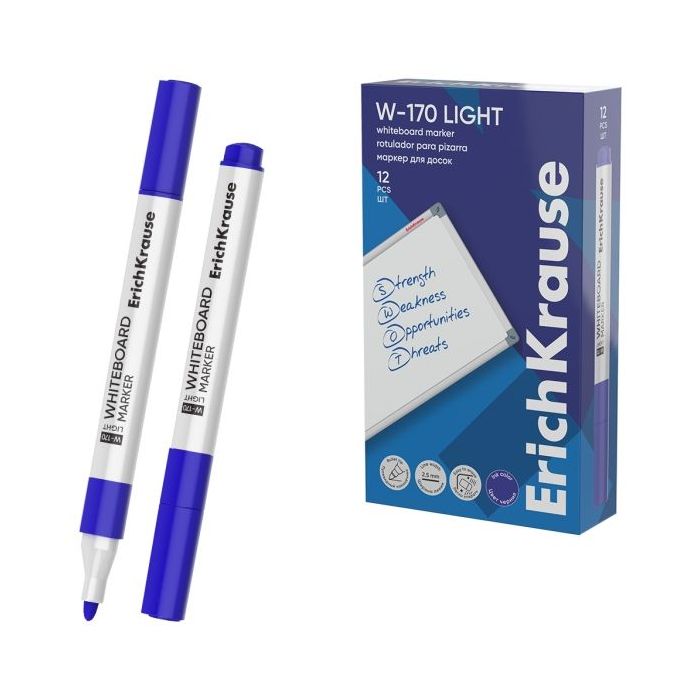 ErichKrause W-170 light Rotulador para Pizarra Blanca - Facil de Borrar - Punta Conica - Trazo de 2.5mm - Secado Rapido - Cuerpo
