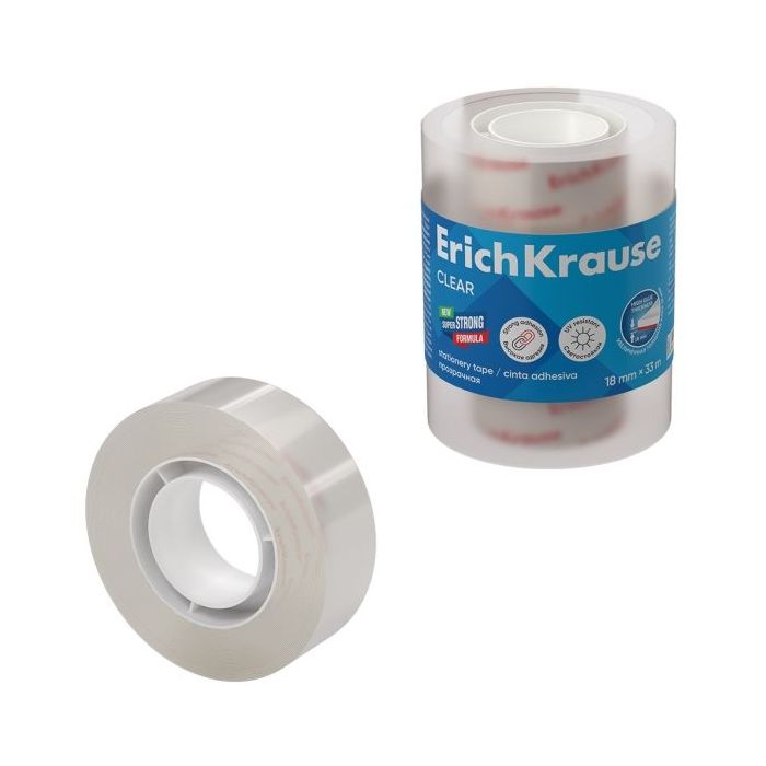 ErichKrause Clear Pack de 4 Cintas Adhesivas - Alta Adhesion - 18mm de Ancho - 33 Metros - Resistente a la Luz - Color Transpare