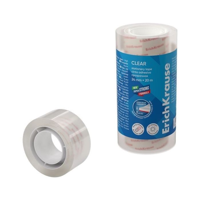 ErichKrause Clear Pack de 4 Cintas Adhesivas - Alta Adhesion - 24mm de Ancho - 20 Metros - Resistente a la Luz - Color Transpare