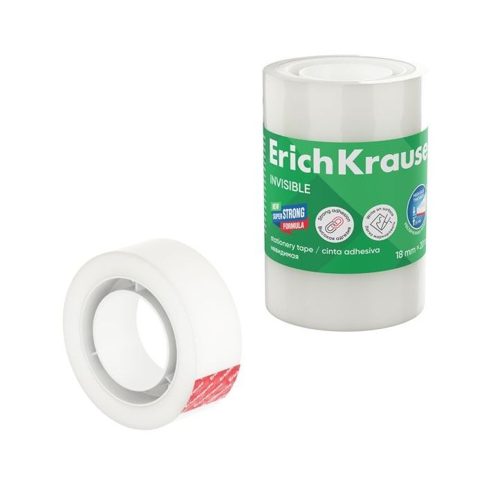 ErichKrause Invisible Pack de 4 Cintas Adhesivas - Alta Adhesion - 18mm de Ancho - 20 Metros - Superficie Mate Antideslumbrante