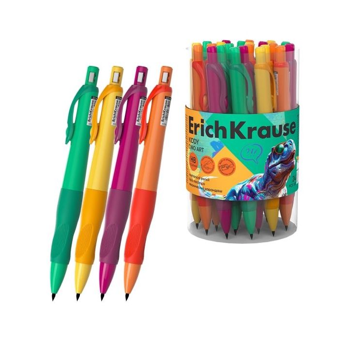 ErichKrause Kiddy Dino Art Portaminas - Mina HB de 2.0mm - Agarre de Goma - Motivo de Dinosaurios - Colores Surtidos