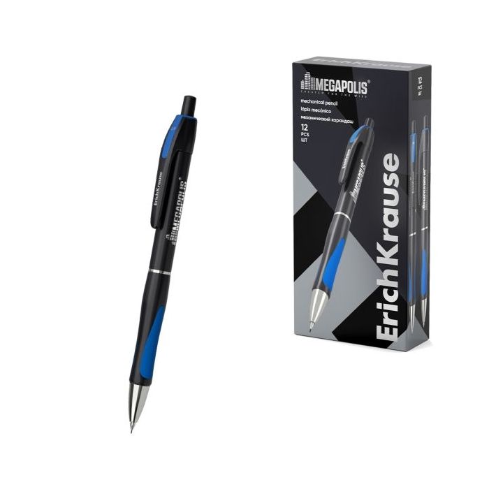 ErichKrause MEGAPOLIS Concept Portaminas - Mina HB de 0.9mm - Agarre de Goma - Pinza - Cuerpo Redondo - Ergonomico - Color Negro