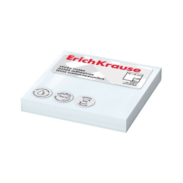 ErichKrause Bloc de 100 Notas Adhesivas Reposicionables - Papel de 75g/m2 - 75x75mm - Pegamento a Base de Agua - Color Blanco