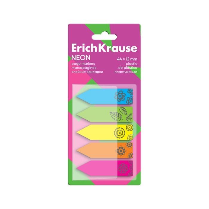 ErichKrause Neon Pack de 5 Blocs de 20 Marcadores de Pagina - Reposicionables - Plastico - 12X44mm - Colores Surtidos
