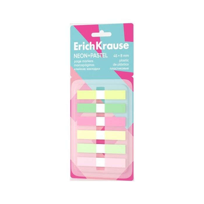 ErichKrause Neon+Pastel Pack de 6 Blocs de 20 Marcadores de Pagina - Reposicionables - Plastico - 8x45mm - Colores Surtidos