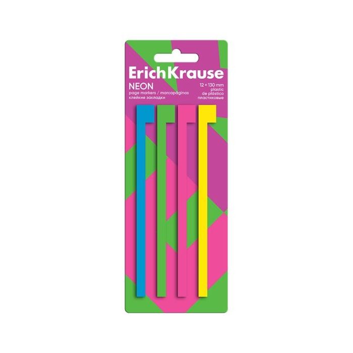 ErichKrause Neon Pack de 4 Blocs de 20 Marcadores de Pagina - Reposicionables - Plastico - 12X130mm - Colores Surtidos