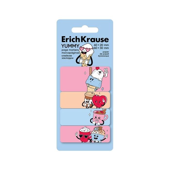 ErichKrause Yummy Pack de 4 Blocs de 20 Marcadores de Pagina - Reposicionables - Papel de 75g/m2 - 20X60mm - Colores Surtidos