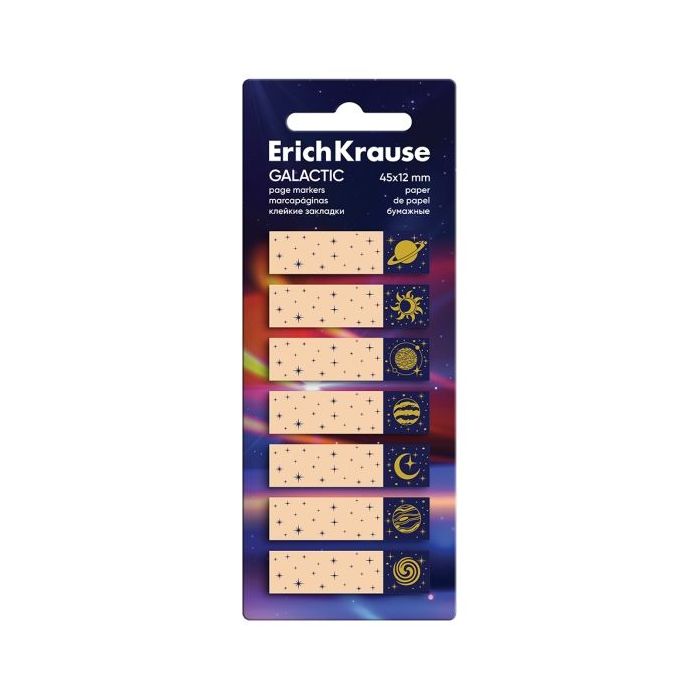 ErichKrause Galactic Pack de 7 Blocs de 20 Marcadores de Pagina - Reposicionables - Papel de 75g/m2 - 12x45mm - Colores Surtidos