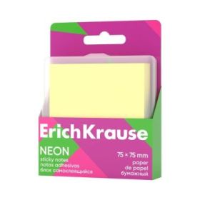 ErichKrause Neon Bloc de 80 Notas Adhesivas Reposicionables - Papel de 75g/m2 - 75x75mm - Caja de Plastico - Pegamento a Base de