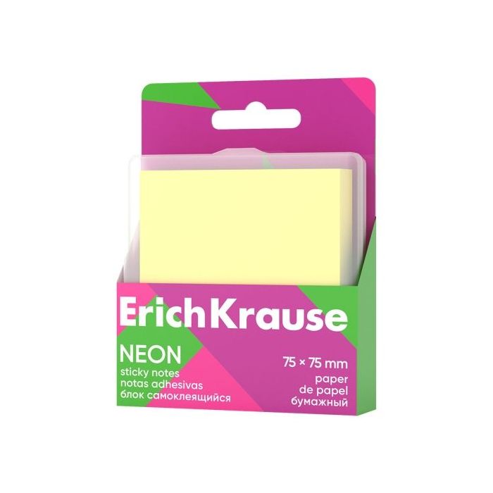 ErichKrause Neon Bloc de 80 Notas Adhesivas Reposicionables - Papel de 75g/m2 - 75x75mm - Caja de Plastico - Pegamento a Base de
