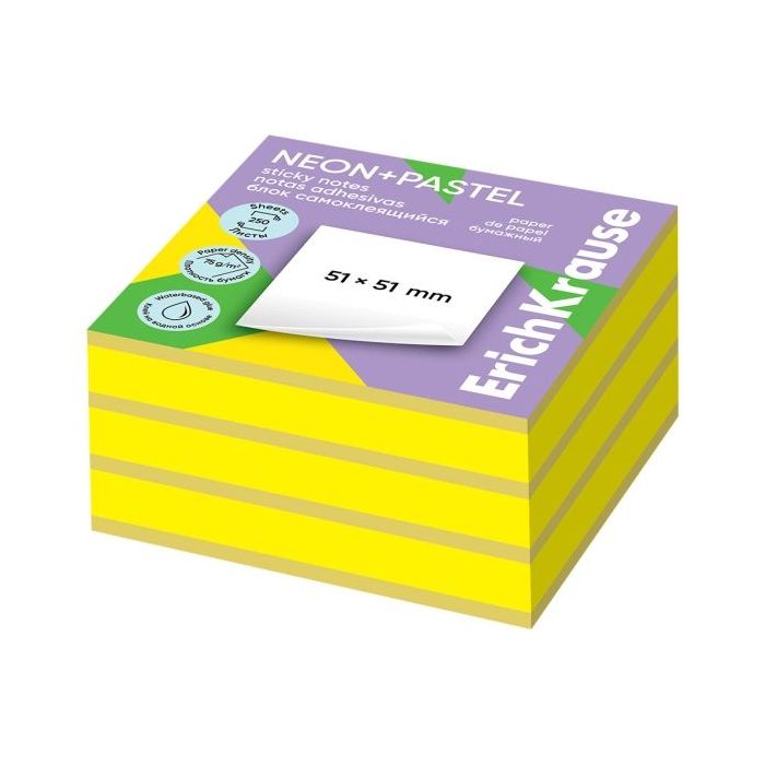 ErichKrause Neon+Pastel Bloc de 250 Notas Adhesivas Reposicionables - Papel de 75g/m2 - 51X51mm - Pegamento a Base de Agua - Col