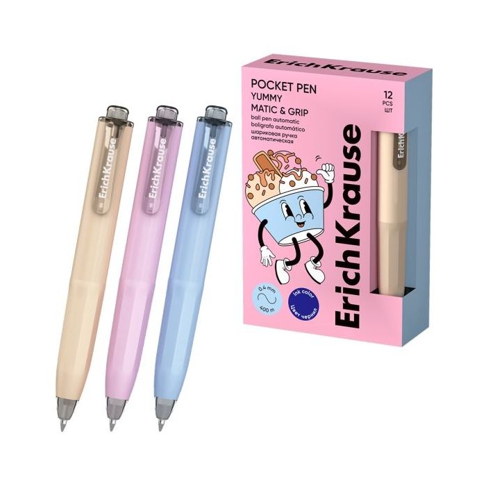 ErichKrause Pocket Pen Matic and Grip Yummy Boligrafo Retractil - Modelos de Cuerpo Surtidos - Trazo 0.4mm - Zona de Agarre de G