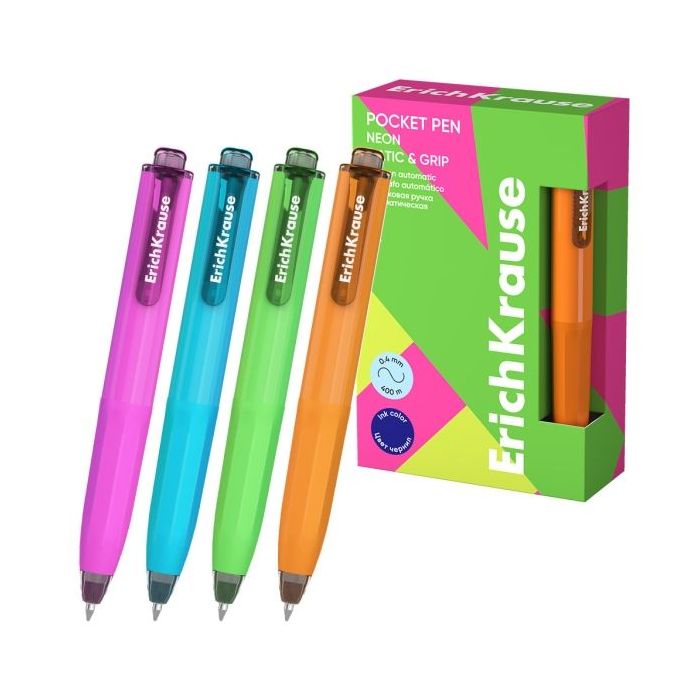 ErichKrause Pocket Pen Matic and Grip Neon Boligrafo Retractil - Modelos de Cuerpo Surtidos - Trazo 0.4mm - Zona de Agarre de Go