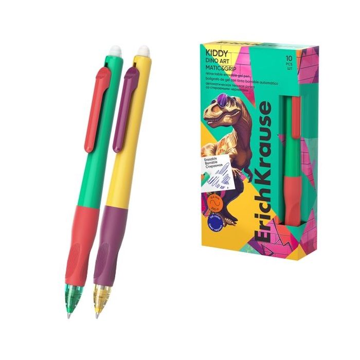 ErichKrause Kiddy Matic and Grip Dino Art Boligrafo Borrable - Modelos Surtidos - Trazo 0.4mm - Secado Rapido - Zona de Agarre d