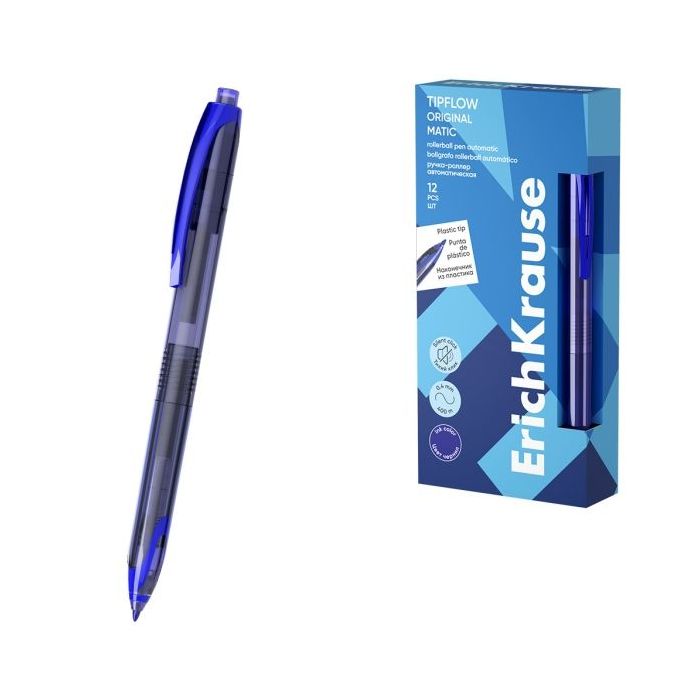 ErichKrause TipFlow Matic Original Boligrafo Retractil - Punta de 0.5mm - Cuerpo Transparente - Trazo 0.4mm - Color Azul