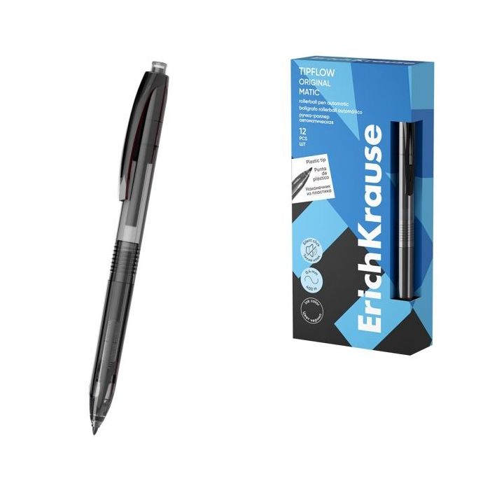 ErichKrause TipFlow Matic Original Boligrafo Retractil - Punta de 0.5mm - Cuerpo Transparente - Trazo 0.4mm - Color Negro