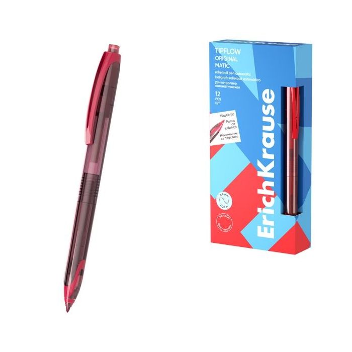 ErichKrause TipFlow Matic Original Boligrafo Retractil - Punta de 0.5mm - Cuerpo Transparente - Trazo 0.4mm - Color Rojo