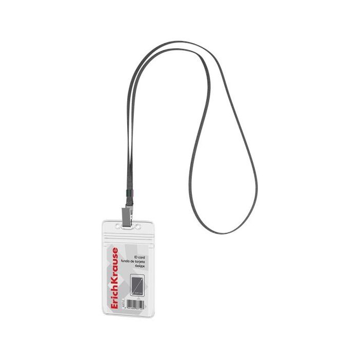 ErichKrause Funda para Tarjeta con Colgante - Orientacion Vertical - PVC - Incluye Colgante de 12mm Negro - Formato 62x91mm - Co