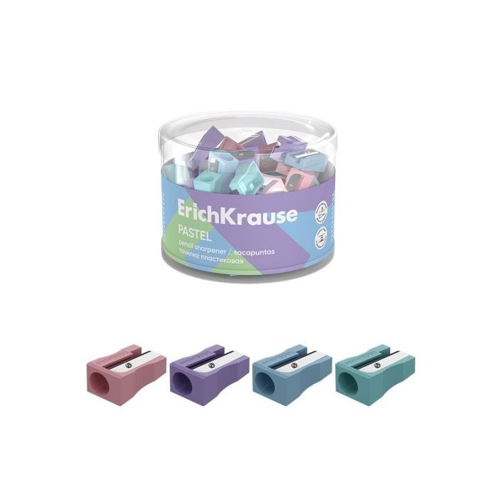 ErichKrause EasySharp Pastel Sacapuntas de Plastico - Cuchilla Niquelada de Acero al Carbono - Orificio de 8mm - Colores Surtido